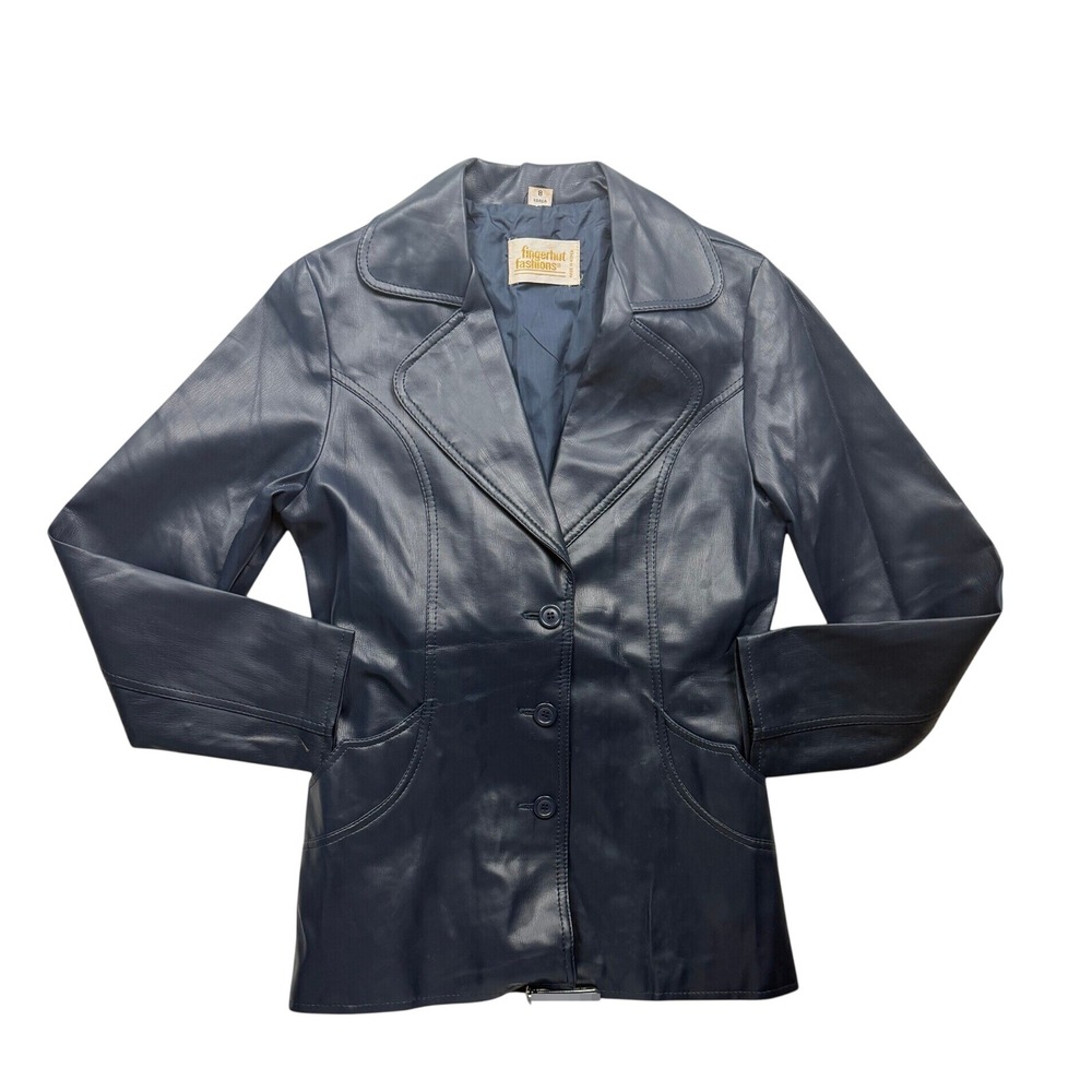 Vintage 70s Fingerhut Fashions Navy Faux Leather Belted Jacket Size XS